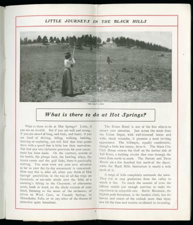 The 'golf links,' <i>Little Journeys in the Black Hills</i>, p. 3 (1906) Image of Woman playing golf in book "Little Journeys in the Black Hills"
