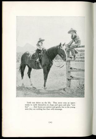 Image with two kids and a horse from "Dude ranches in Big Horn Mountains", 1930