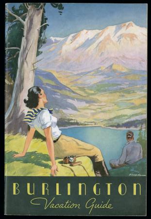 Cover, illustrated by Paul Proehl, CB&Q "Burlington Vacation Guide" brochure (1937) Brochure cover "Burlington Vacation Guide" showing woman overlooking a valley