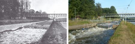 Comparison of the raft sluice in Raudnitz 1912 (left photo) and the situation in 2009 (right photo). Comparison of the raft sluice in Raudnitz 1912 (left photo) and the situation in