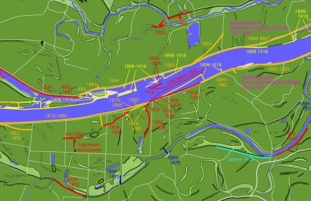 Regulation works in a small area of the Danube Map showing regulation works with dates on a recent map of the river land