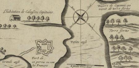 Detail of Jacques Lagniet's "Carte de l'Isle Cayenne," 1665. All rights reserved. Courtesy of Bibliotheque nationale de France (<a href=https://www.bnf.fr/fr">BnF</a>). Detail of Jacques Lagniet's "Carte de l'Isle Cayenne," 1665