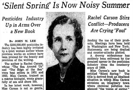 New York Times headline "'Silent Spring' Is Now Noisy Summer," with portrait of Rachel Carson